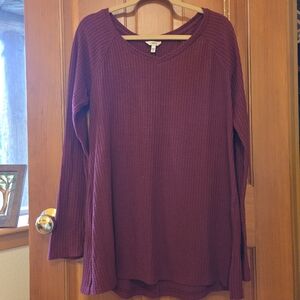 Sonoma Ribbed V-Neck Sweater Tunic in Burgundy Modest Length Great For Leggings